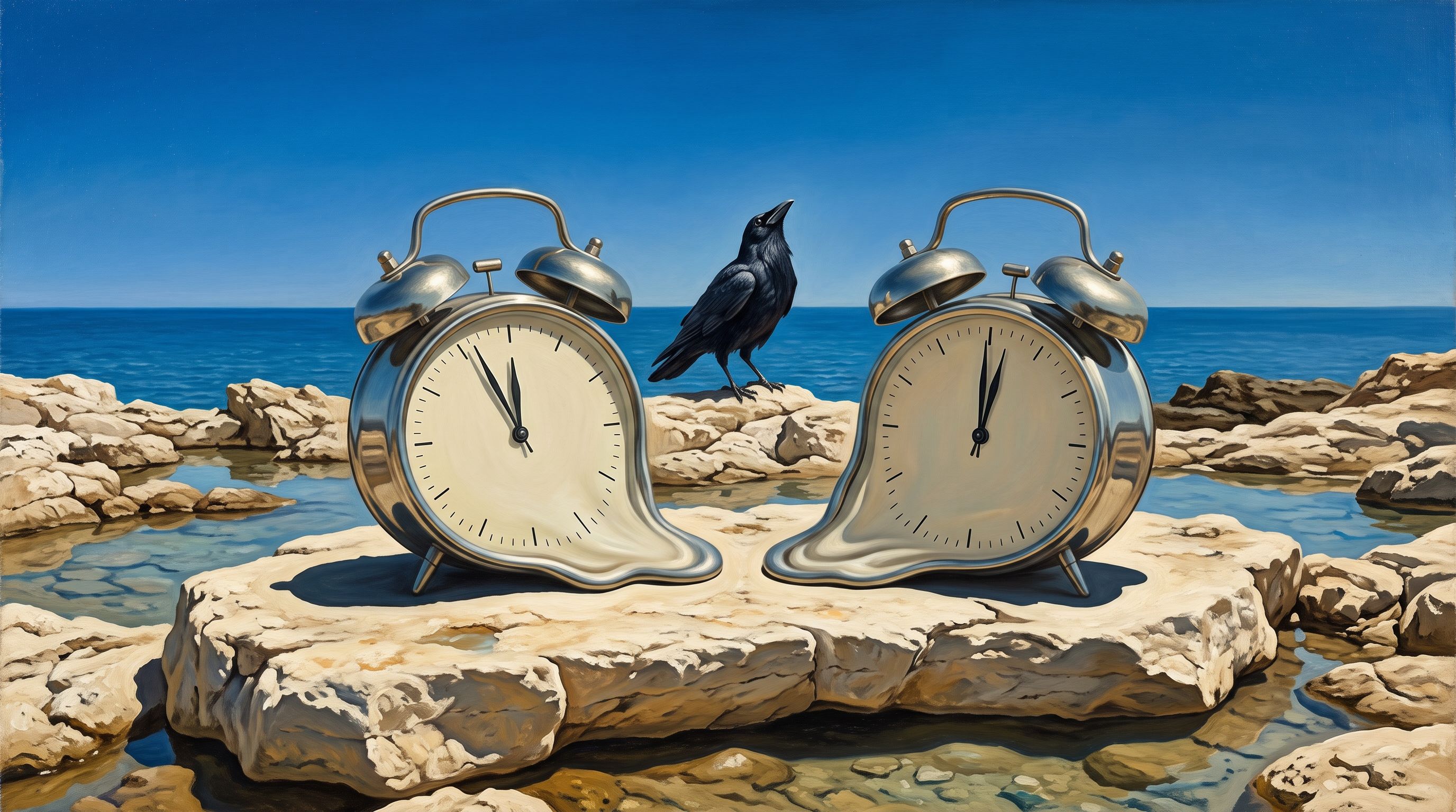 Two melting silver alarm clocks showing nearly twelve o'clock stand on coastal rocks with a crow perched between them under a blue sky.