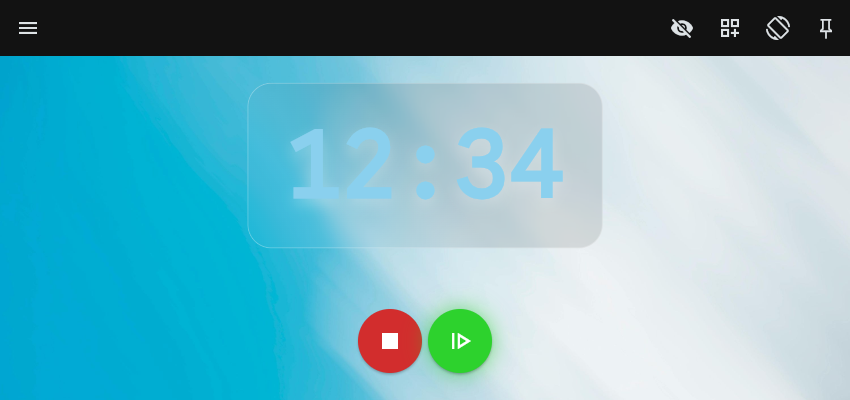 A stopwatch app in its minimal layout with an application bar temporarily visible above the timer, showing a visibility eye icon and a separate fullscreen icon among the buttons.