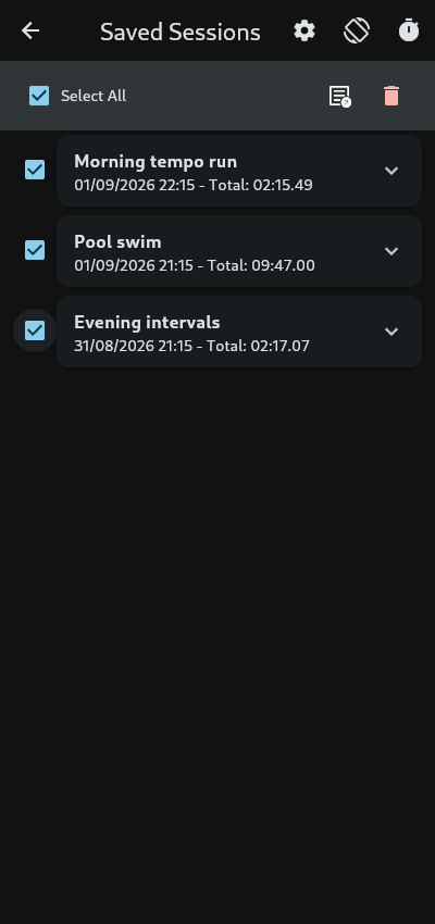 A saved sessions list in a stopwatch app with several rows selected via checkboxes and a batch export button visible at the bottom of the screen.