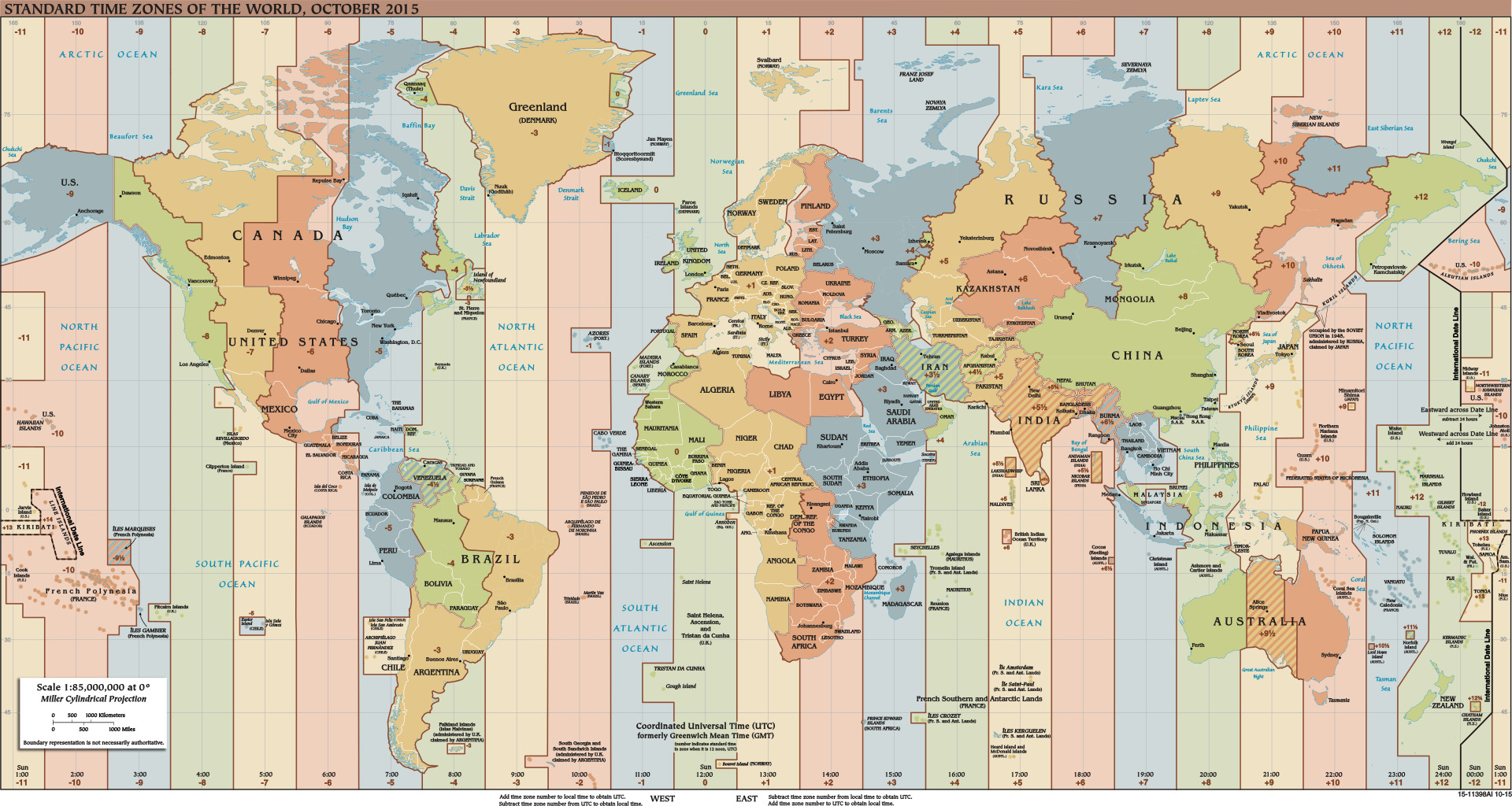 A world map shaded by UTC offset, with irregular zone boundaries following national borders; India and Nepal appear as narrow bands offset by fractions of an hour from their neighbours.