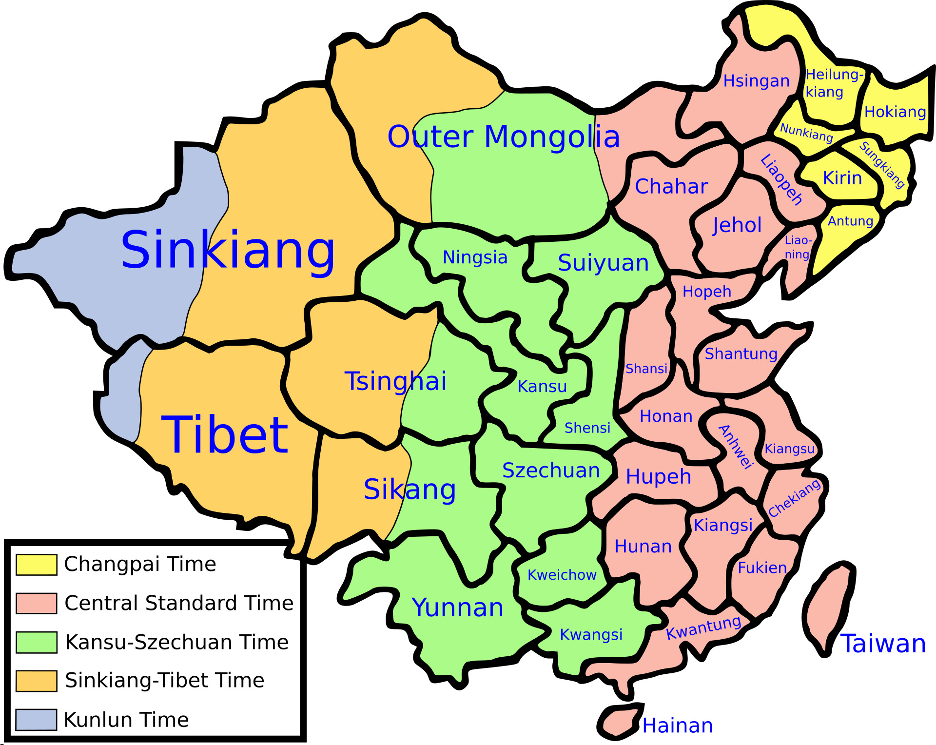 A map of China divided into five vertical time-zone bands labelled with their offsets from UTC, ranging from +5:30 at the western edge to +8:30 at the eastern edge.