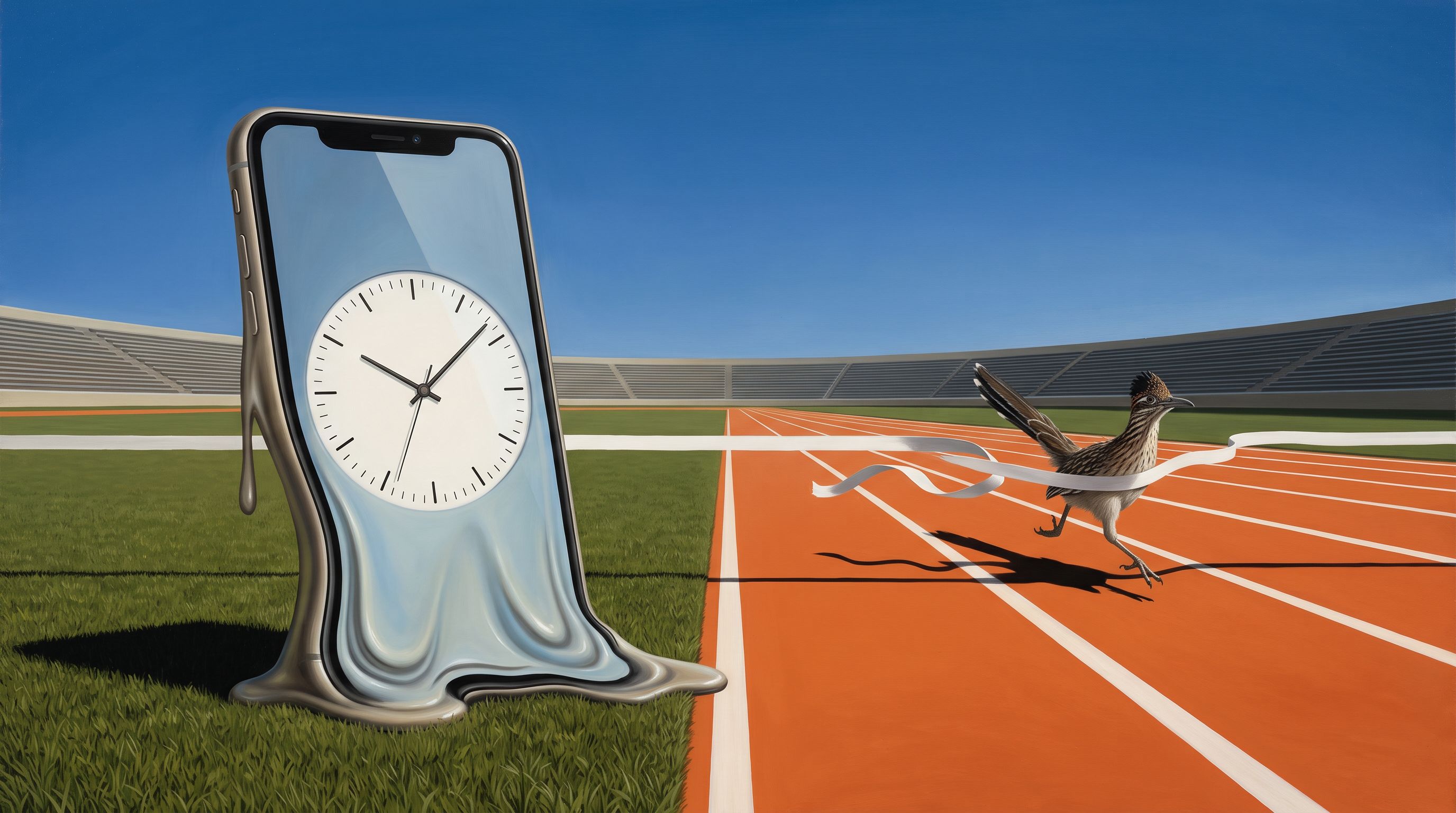 A surreal painting: a giant smartphone melts into the infield grass beside an athletics track, its screen showing an analogue clock face, while a roadrunner breaks the finish tape in the outside lane under a clear blue sky
