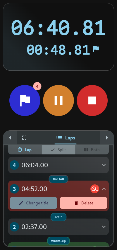 A stopwatch app's laps list with one row expanded to show an "Add title" button and a delete button beneath the lap's time, while the surrounding rows appear as ordinary unexpandable list entries.