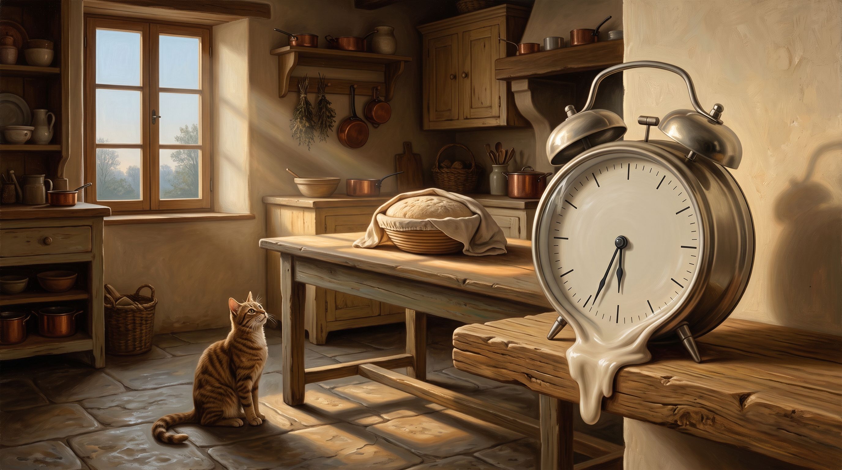 A surreal painting: a warm farmhouse kitchen at low sun, a covered dough basket proving on a scrubbed wooden table and a tabby cat watching from the flagstones, while a chrome alarm clock on the bench melts and drips over the edge