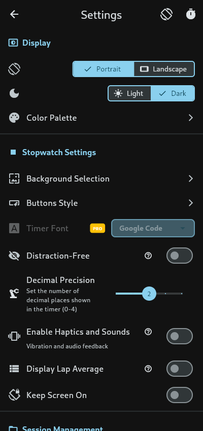 A stopwatch app's settings page with a toggle labelled Keep Screen On shown in its off position beside other display settings.