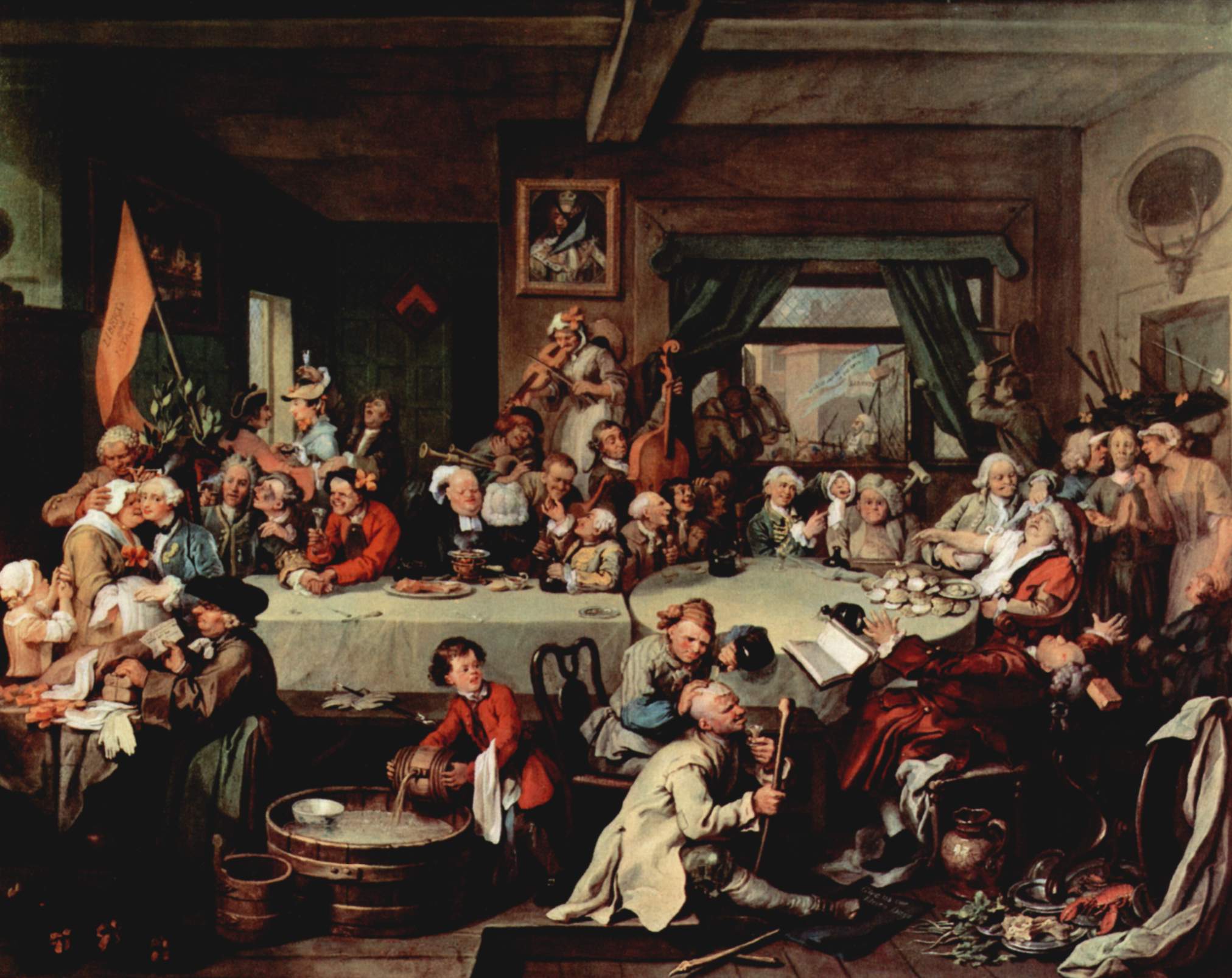 A crowded eighteenth-century tavern election banquet painting; on the floor at lower right lies a banner reading "Give us our Eleven Days" beside a broken wheel.